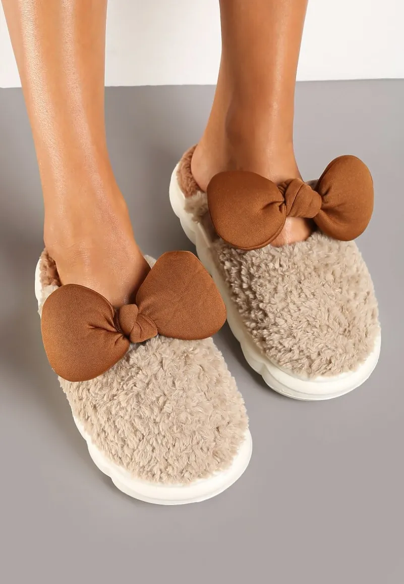 Ciemnobeżowe Płaskie Kapcie Ozdobione Kokardką Linnacira