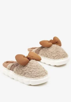 Ciemnobeżowe Płaskie Kapcie Ozdobione Kokardką Linnacira