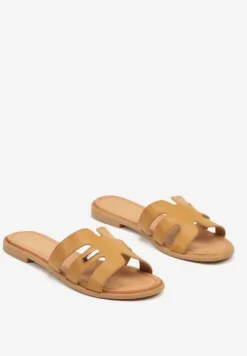 Ciemnobeżowe Płaskie Klapki z Ozdobnymi Wycięciami na Szerokim Pasku Mavuli