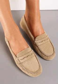 Ciemnobeżowe Płaskie Mokasyny o Klasycznym Fasonie z Przeszyciem Wenniva