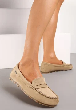 Ciemnobeżowe Płaskie Mokasyny o Klasycznym Fasonie z Przeszyciem Wenniva