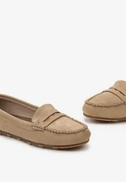 Ciemnobeżowe Płaskie Mokasyny o Klasycznym Fasonie z Przeszyciem Wenniva