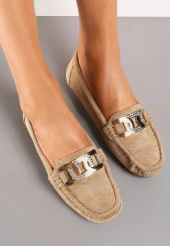 Ciemnobeżowe Płaskie Mokasyny z Ekozamszu Ozdobione Klamrą z Cyrkoniami Tailer