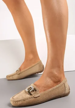 Ciemnobeżowe Płaskie Mokasyny z Ekozamszu Ozdobione Klamrą z Cyrkoniami Tailer