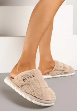 Ciemnobeżowe Płaskie Pikowane Kapcie Ozdobione Futerkiem Learial