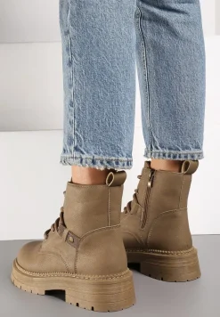 Ciemnobeżowe Płaskie Sznurowane Botki w Stylu Workerów Savanetta
