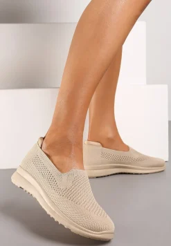 Ciemnobeżowe Płaskie Wsuwane Tenisówki z Ozdobną Perforacją Elajames