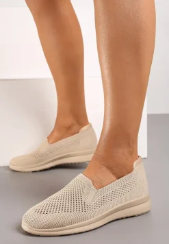 Ciemnobeżowe Płaskie Wsuwane Tenisówki z Ozdobną Perforacją Elajames