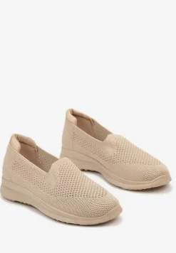 Ciemnobeżowe Płaskie Wsuwane Tenisówki z Ozdobną Perforacją Elajames