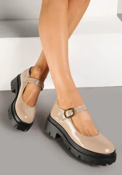 Ciemnobeżowe Półbuty Lakierowane na Platformie i Słupku w Stylu Mary Jane Omela