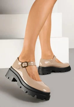 Ciemnobeżowe Półbuty Lakierowane na Platformie i Słupku w Stylu Mary Jane Omela