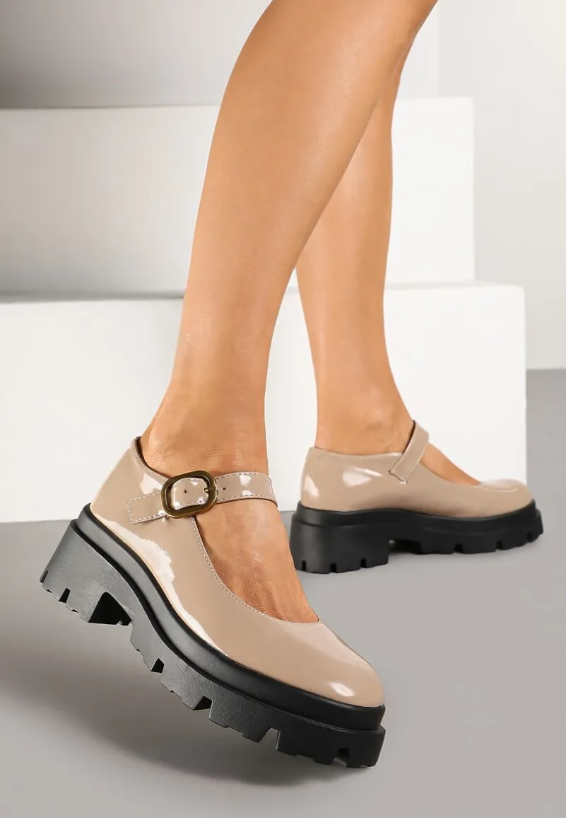Ciemnobeżowe Półbuty Lakierowane na Platformie i Słupku w Stylu Mary Jane Omela