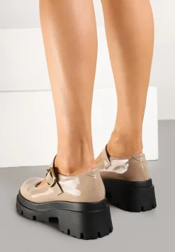 Ciemnobeżowe Półbuty Lakierowane na Platformie i Słupku w Stylu Mary Jane Omela