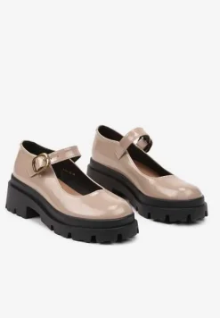 Ciemnobeżowe Półbuty Lakierowane na Platformie i Słupku w Stylu Mary Jane Omela