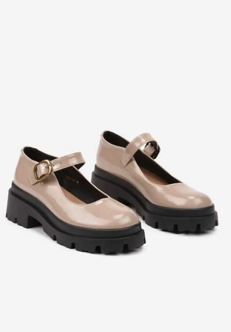 Ciemnobeżowe Półbuty Lakierowane na Platformie i Słupku w Stylu Mary Jane Omela