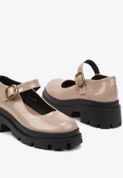Ciemnobeżowe Półbuty Lakierowane na Platformie i Słupku w Stylu Mary Jane Omela