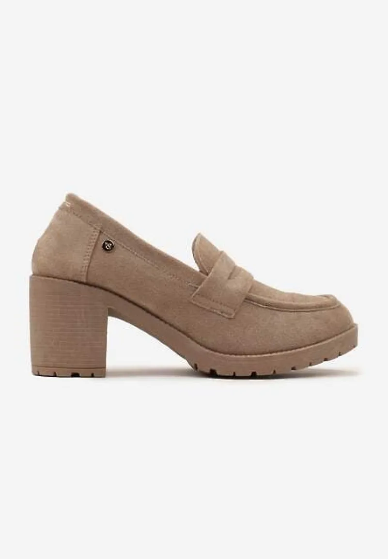 Ciemnobeżowe Półbuty Mokasyny z Ekozamszu na Słupku i Platformie Andarco