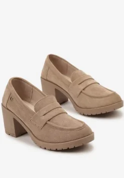 Ciemnobeżowe Półbuty Mokasyny z Ekozamszu na Słupku i Platformie Andarco