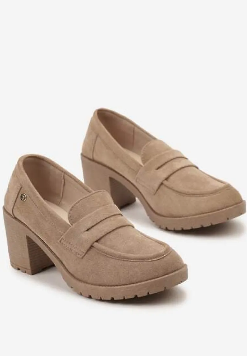 Ciemnobeżowe Półbuty Mokasyny z Ekozamszu na Słupku i Platformie Andarco