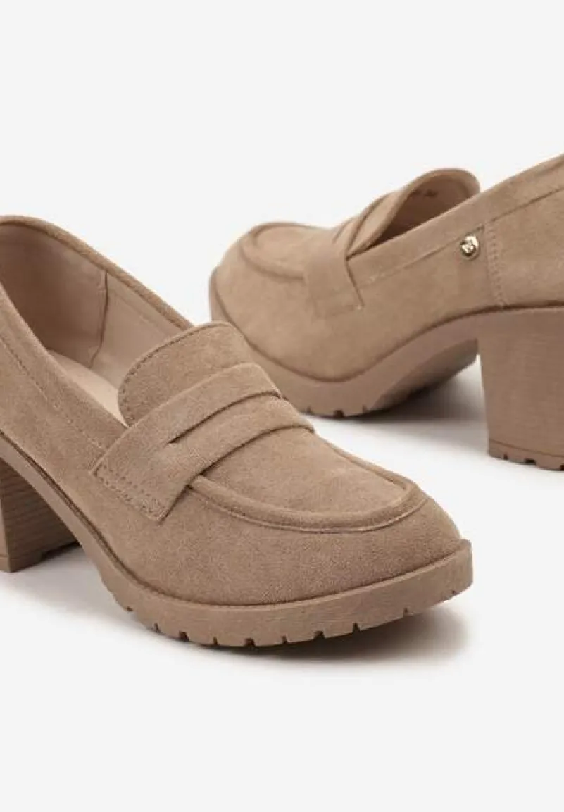 Ciemnobeżowe Półbuty Mokasyny z Ekozamszu na Słupku i Platformie Andarco