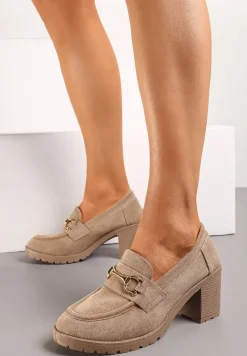 Ciemnobeżowe Półbuty Mokasyny na Słupku z Platformą Ozdobione Klamrą Acridna