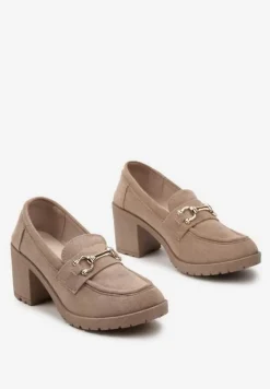 Ciemnobeżowe Półbuty Mokasyny na Słupku z Platformą Ozdobione Klamrą Acridna