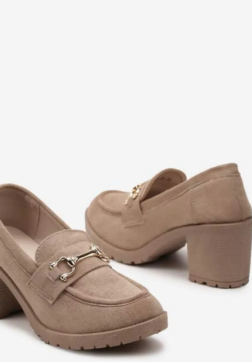 Ciemnobeżowe Półbuty Mokasyny na Słupku z Platformą Ozdobione Klamrą Acridna