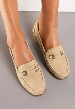 Ciemnobeżowe Półbuty Mokasyny na Koturnie z Metaliczną Ozdobą Dalisha