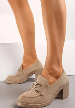 Ciemnobeżowe Półbuty na Grubej Podeszwie i Słupku z Przeszyciami i Klamrą Nizhoni