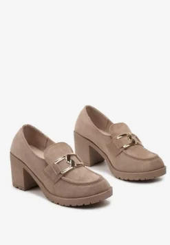 Ciemnobeżowe Półbuty na Grubej Podeszwie i Słupku z Przeszyciami i Klamrą Nizhoni