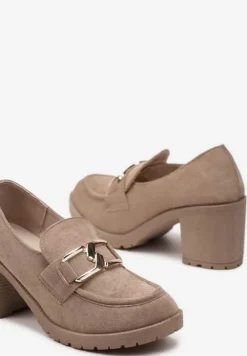 Ciemnobeżowe Półbuty na Grubej Podeszwie i Słupku z Przeszyciami i Klamrą Nizhoni