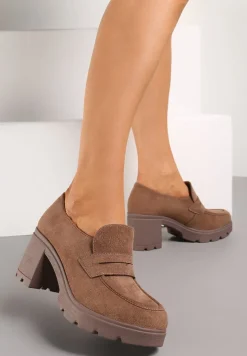 Ciemnobeżowe Półbuty na Grubej Podeszwie i Słupku ze Skórzaną Wkładką Kivessa