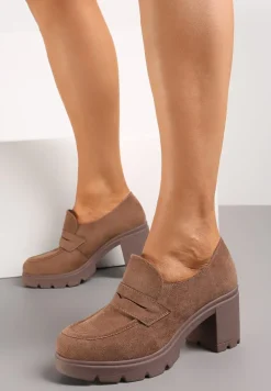 Ciemnobeżowe Półbuty na Grubej Podeszwie i Słupku ze Skórzaną Wkładką Kivessa