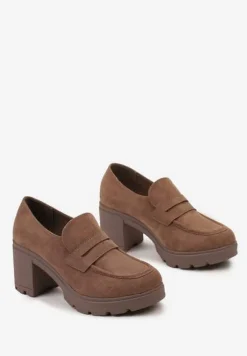 Ciemnobeżowe Półbuty na Grubej Podeszwie i Słupku ze Skórzaną Wkładką Kivessa