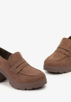 Ciemnobeżowe Półbuty na Grubej Podeszwie i Słupku ze Skórzaną Wkładką Kivessa