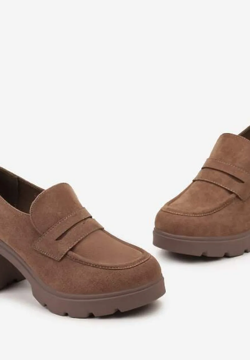 Ciemnobeżowe Półbuty na Grubej Podeszwie i Słupku ze Skórzaną Wkładką Kivessa