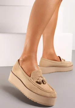 Ciemnobeżowe Półbuty na Niskiej Platformie z Przeszyciami i Ozdobnymi Chwostami Hiela