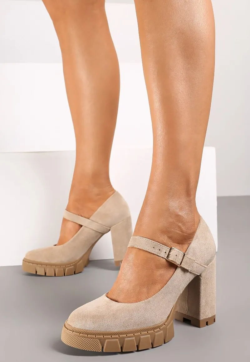 Ciemnobeżowe Półbuty na Obcasie Typu Słupek z Grubą Podeszwą i Zapięciem na Klamerkę Riandora