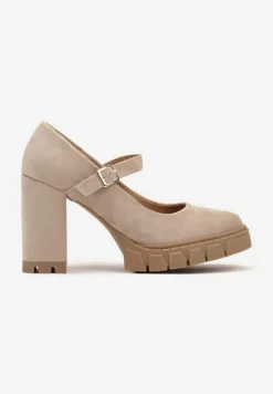 Ciemnobeżowe Półbuty na Obcasie Typu Słupek z Grubą Podeszwą i Zapięciem na Klamerkę Riandora