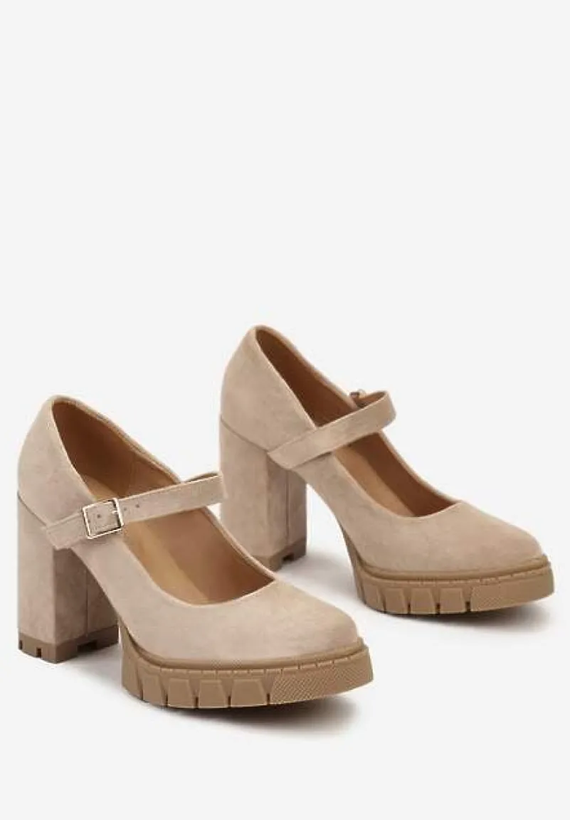 Ciemnobeżowe Półbuty na Obcasie Typu Słupek z Grubą Podeszwą i Zapięciem na Klamerkę Riandora
