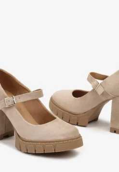 Ciemnobeżowe Półbuty na Obcasie Typu Słupek z Grubą Podeszwą i Zapięciem na Klamerkę Riandora