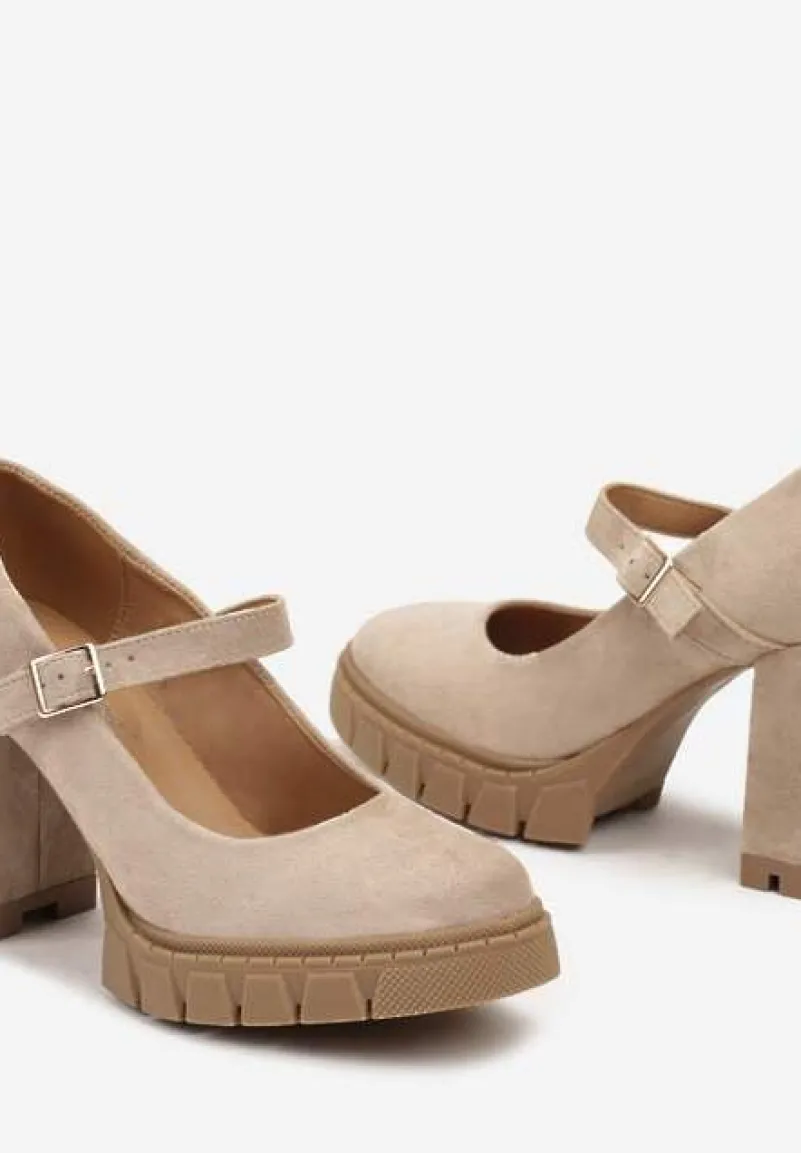 Ciemnobeżowe Półbuty na Obcasie Typu Słupek z Grubą Podeszwą i Zapięciem na Klamerkę Riandora