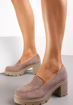 Ciemnobeżowe Półbuty na Obcasie z Niską Platformą i Skórzaną Wkładką Neona