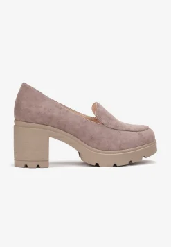 Ciemnobeżowe Półbuty na Obcasie z Niską Platformą i Skórzaną Wkładką Neona