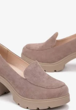 Ciemnobeżowe Półbuty na Obcasie z Niską Platformą i Skórzaną Wkładką Neona