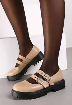 Ciemnobeżowe Półbuty na Płaskiej Podeszwie Wykończone Sprzączkami Mevitha