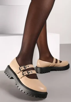 Ciemnobeżowe Półbuty na Płaskiej Podeszwie Wykończone Sprzączkami Mevitha