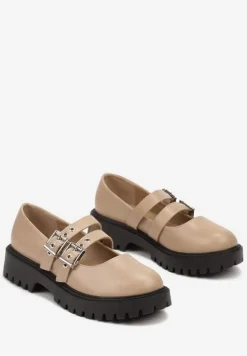 Ciemnobeżowe Półbuty na Płaskiej Podeszwie Wykończone Sprzączkami Mevitha