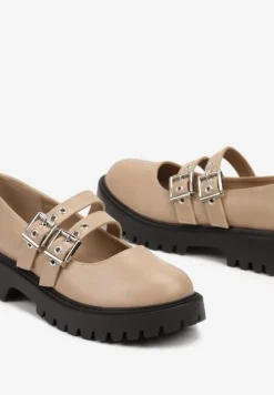 Ciemnobeżowe Półbuty na Płaskiej Podeszwie Wykończone Sprzączkami Mevitha