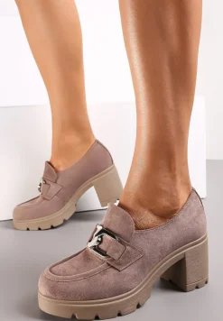 Ciemnobeżowe Półbuty na Platformie i Obcasie Zdobione Klamerką Cynalline